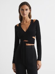 Reiss Black Camille Tie-Front Crop Top - Image 1 of 6