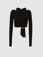 Reiss Black Camille Tie-Front Crop Top - Image 2 of 6