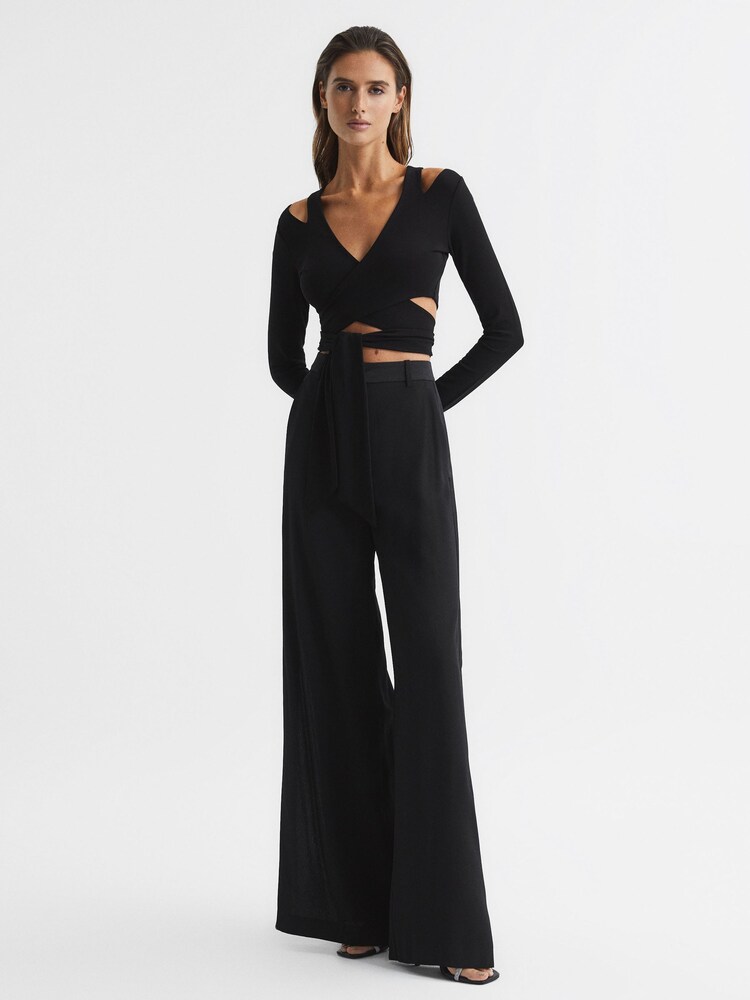 Reiss Black Camille Tie-Front Crop Top - Image 3 of 6