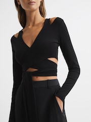 Reiss Black Camille Tie-Front Crop Top - Image 4 of 6