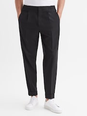 Reiss Black Brighton Relaxed Drawstring Trousers with Turn-Ups - Image 1 of 7