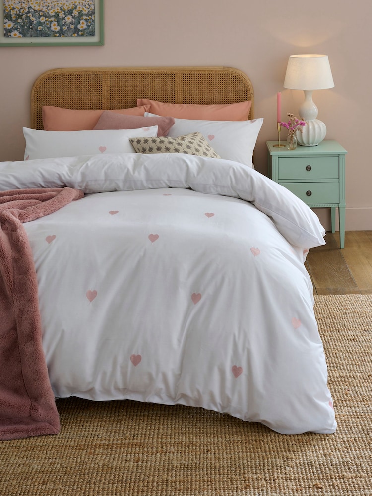 White With Pink Hearts Embroidered Duvet Cover and Pillowcase Set - Image 1 of 5 White With Pink Hearts Embroidered Duvet Cover and Pillowcase Set - Image 1 of 5
