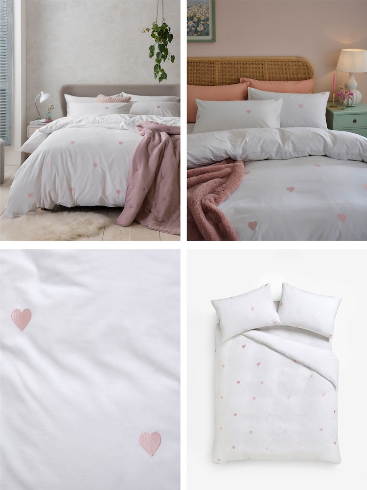 White With Pink Hearts Embroidered Duvet Cover and Pillowcase Set - Image 2 of 5 White With Pink Hearts Embroidered Duvet Cover and Pillowcase Set - Image 2 of 5