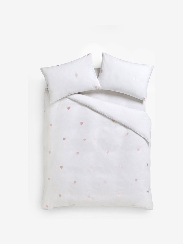 White With Pink Hearts Embroidered Duvet Cover and Pillowcase Set - Image 5 of 5