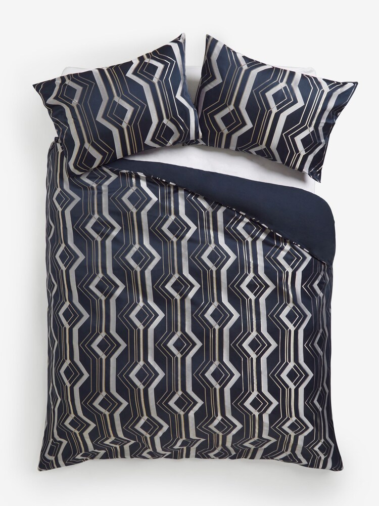 Navy Geo Jacquard Duvet Cover and Pillowcase Set - Image 1 of 5