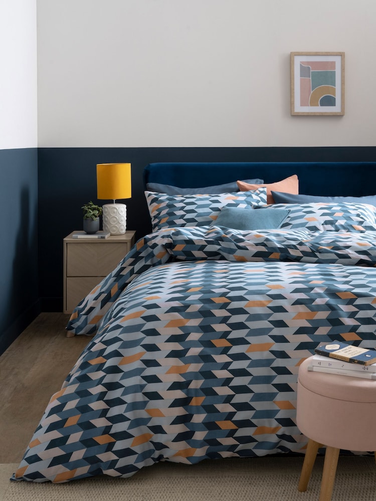 Blue Geo 100% Cotton Printed Duvet Cover and Pillowcase Set - Image 1 of 4