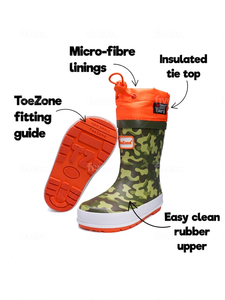 ToeZone Orange Tie Top Camo Wellies - Image 5 of 6