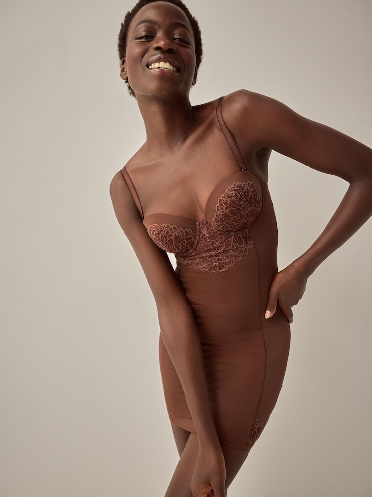 Chocolate Nude Firm Tummy Control Cupped Lace Slip - Image 1 of 7 Chocolate Nude Firm Tummy Control Cupped Lace Slip - Image 1 of 7