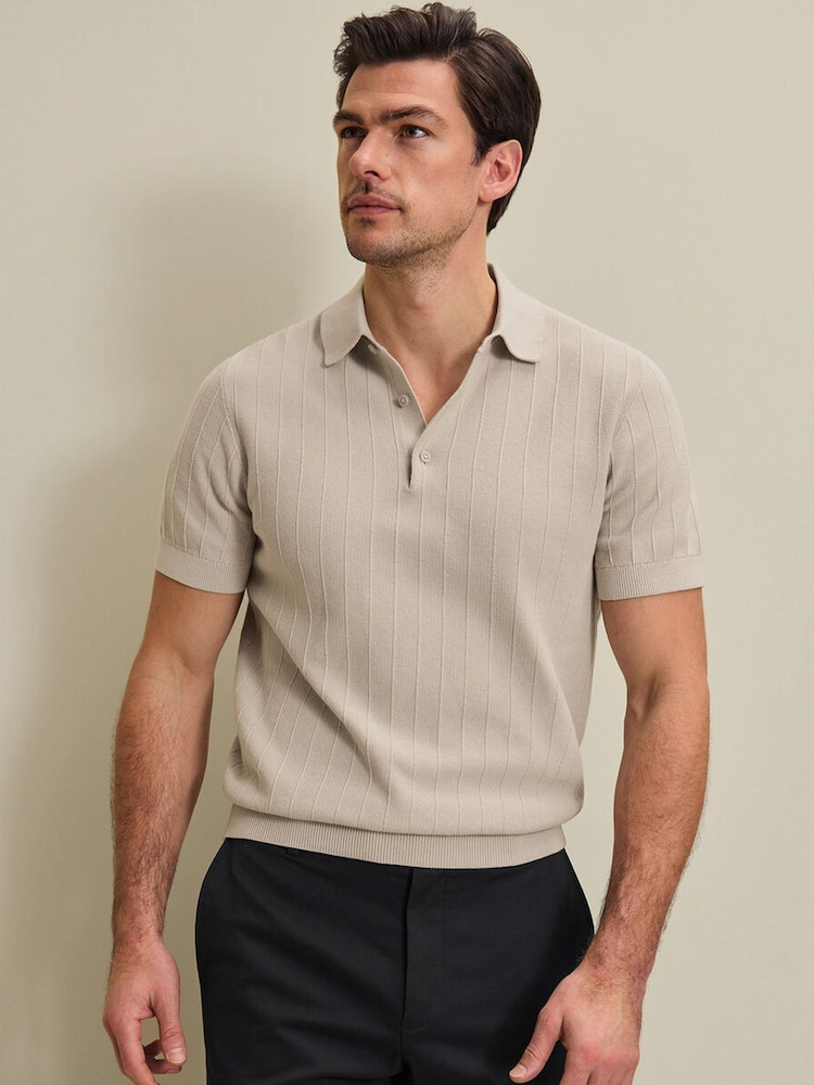 Charles Tyrwhitt Natural Cotton Stripe Knit Polo Shirt - Image 1 of 6 Charles Tyrwhitt Natural Cotton Stripe Knit Polo Shirt - Image 1 of 6