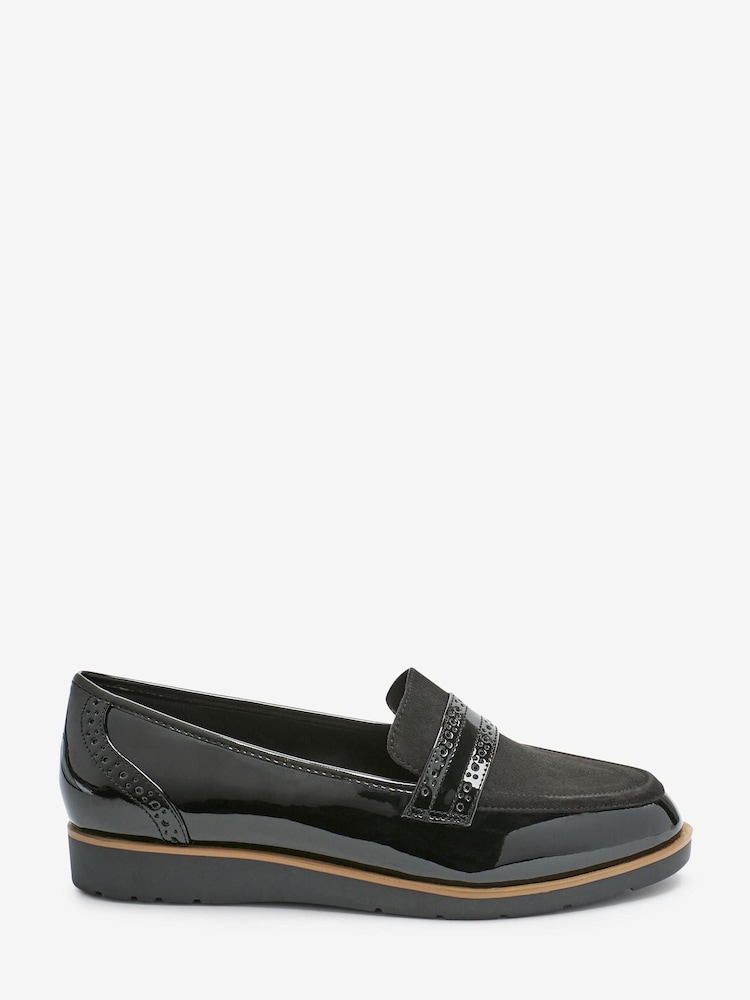 Black Material Mix Extra Wide Fit Forever Comfort® Brogue Detail Chunky Sole Forever Comfort Loafers - Image 1 of 4