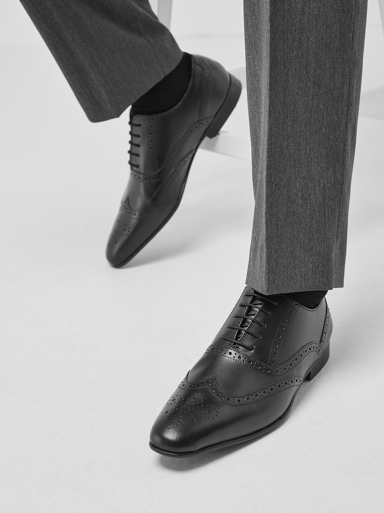 Black Wide Fit Leather Oxford Brogue Shoes - Image 2 of 6