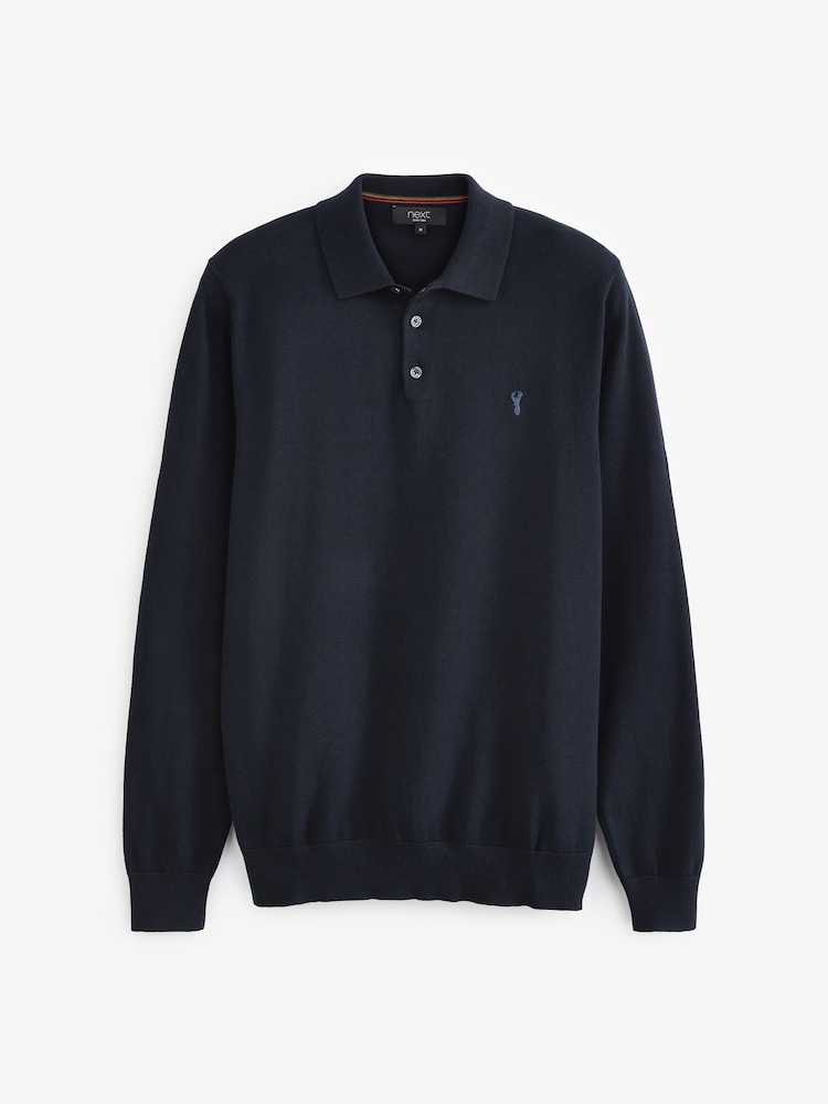 Navy with Stag Embroidery Regular Knitted Polo Shirt - Image 1 of 2