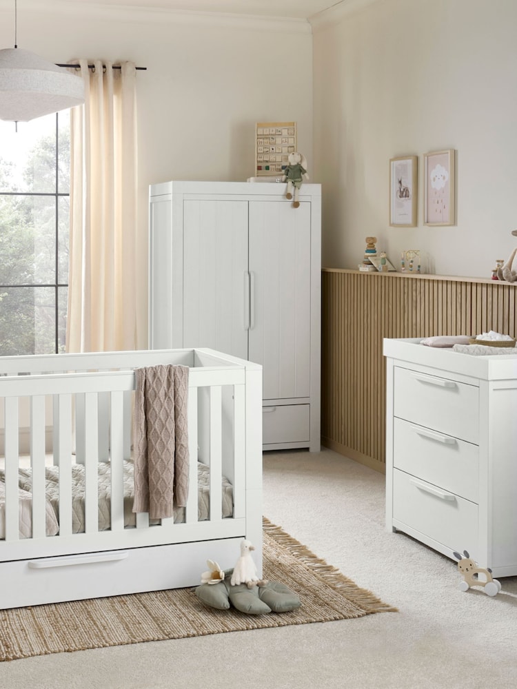 Mamas & Papas 3 Piece White Wash Franklin Cot Bed Range with Dresser and Wardrobe - Image 1 of 10