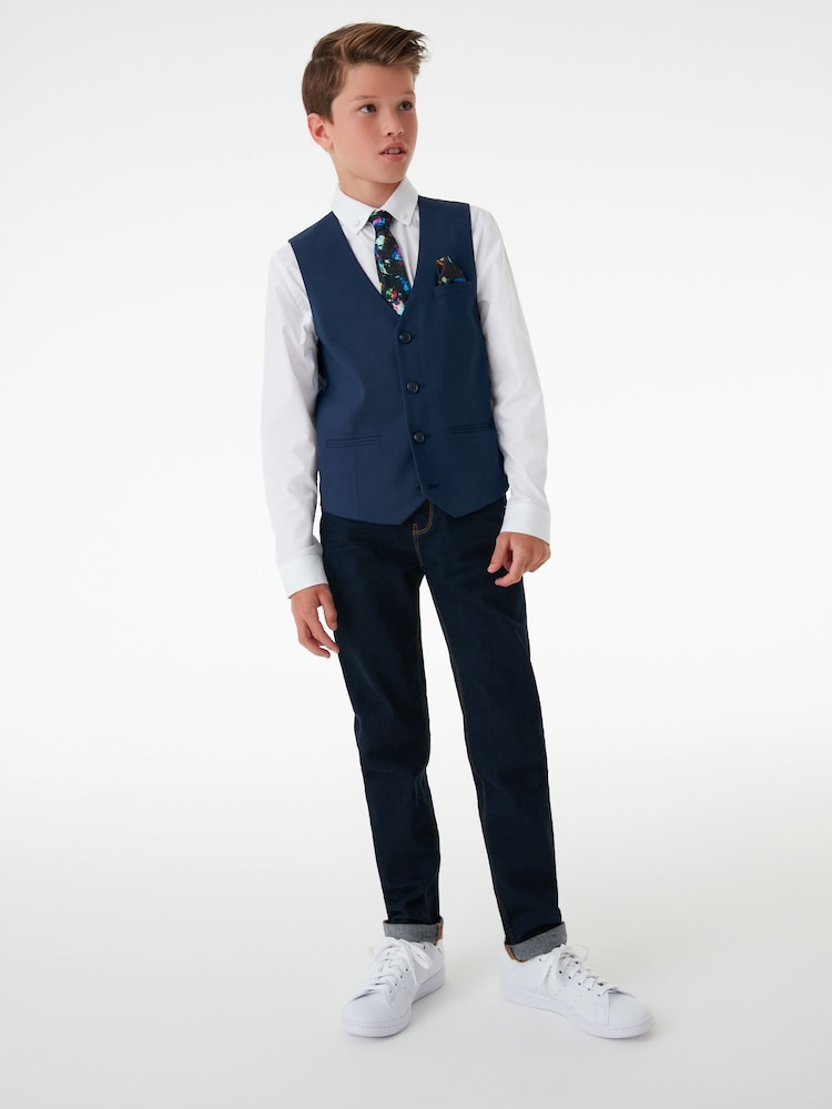 Navy Blue Waistcoat, White Shirt & Tie Set Waistcoat (12mths-16yrs) - Image 1 of 5