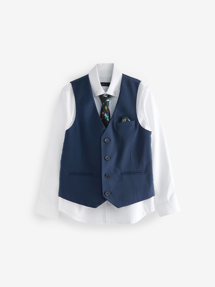 Navy Blue Waistcoat, White Shirt & Tie Set Waistcoat (12mths-16yrs) - Image 2 of 5