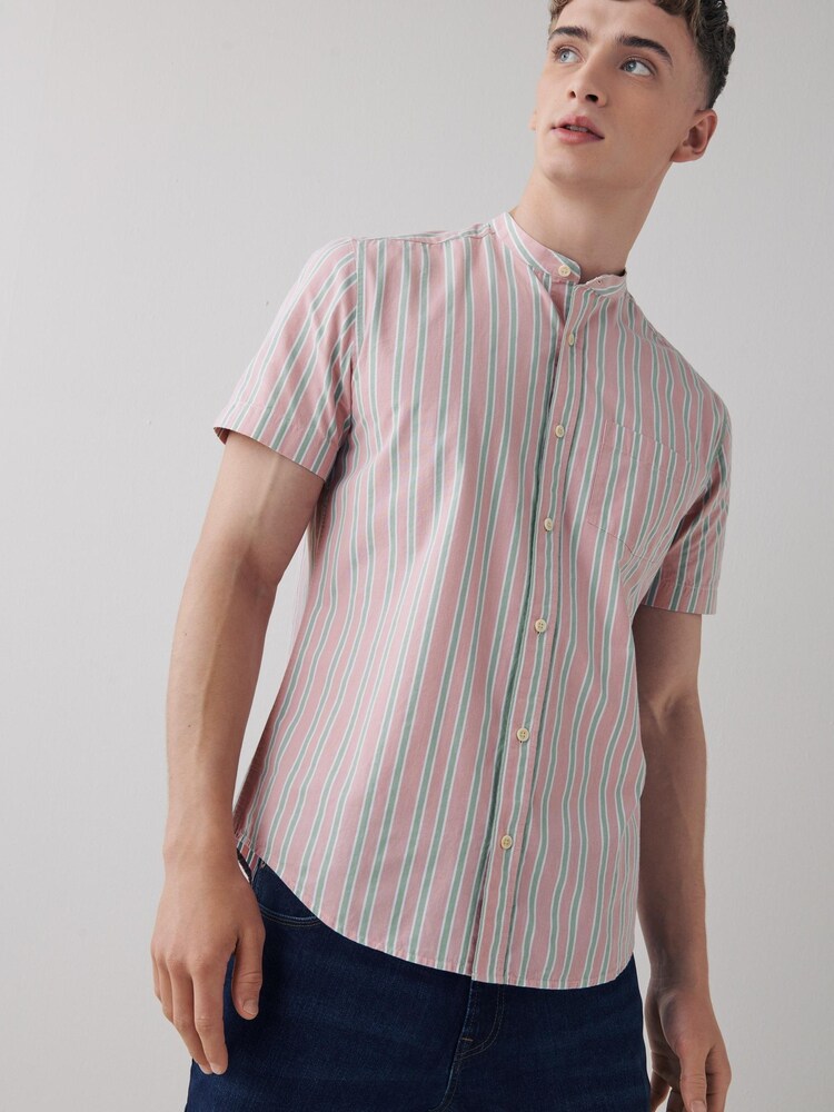 Pink Stripe Short Sleeve Grandad Collar Shirt - Image 1 of 6