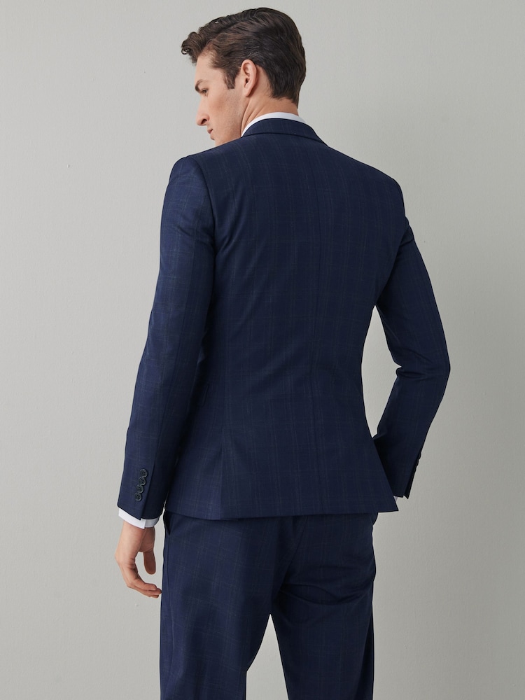 Navy Slim Motion Flex Stretch Check Suit Jacket - Image 2 of 7