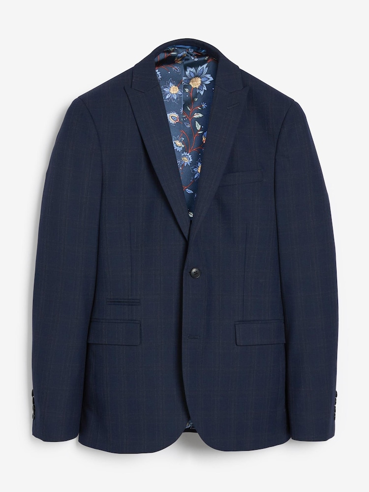 Navy Blue Super Skinny Motion Flex Stretch Check Suit Jacket - Image 2 of 5