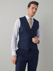 Navy Blue Motion Flex Stretch Check Suit Waistcoat - Image 1 of 13