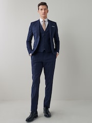 Navy Blue Motion Flex Stretch Check Suit Waistcoat - Image 3 of 13