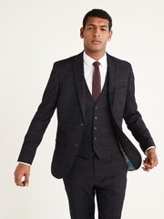 Navy Blue Skinny Fit Wool Blend Check Suit: Jacket - Image 2 of 6