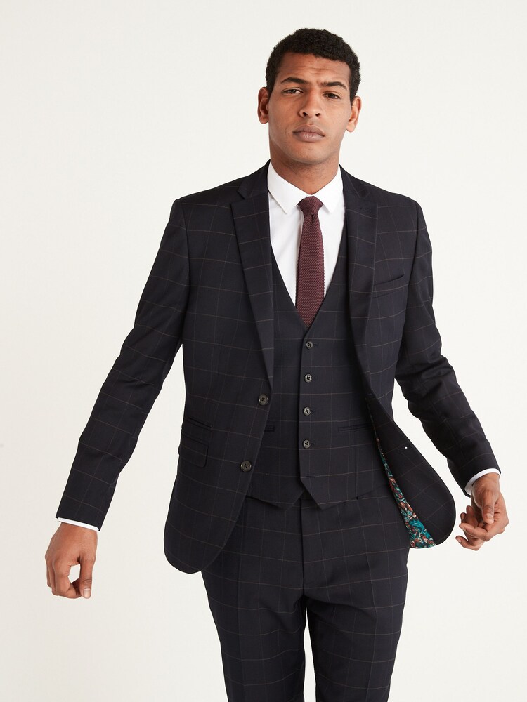 Navy Blue Skinny Fit Wool Blend Check Suit: Jacket - Image 2 of 6