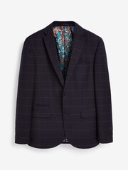 Navy Blue Skinny Fit Wool Blend Check Suit: Jacket - Image 5 of 6
