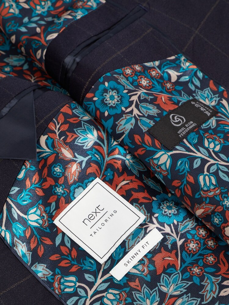 Navy Blue Skinny Fit Wool Blend Check Suit: Jacket - Image 6 of 6