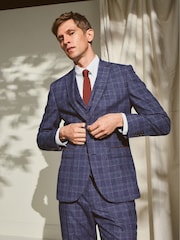 Blue Textured Check Slim Fit Suit: Jacket - Image 1 of 6