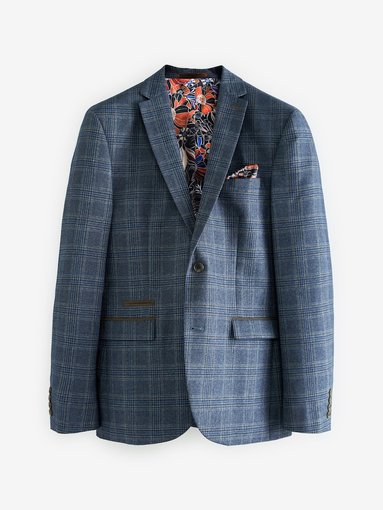 Blue Textured Check Slim Fit Suit: Jacket - Image 2 of 6