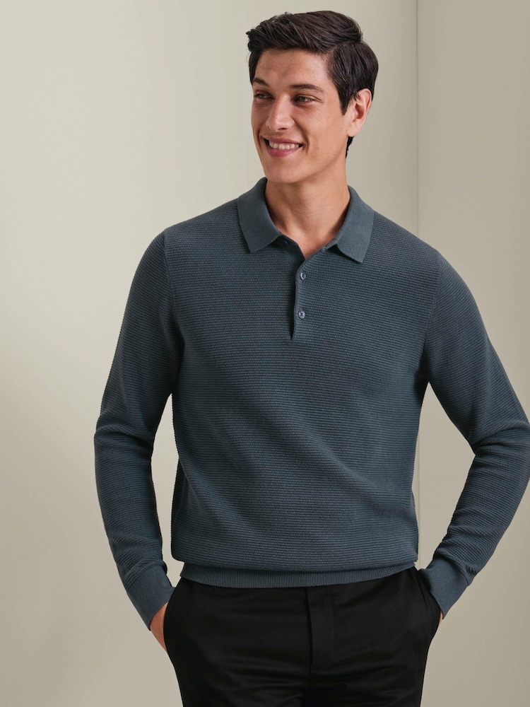 Charles Tyrwhitt Blue Knit Texture Long Sleeve Cotton Polo Shirt - Image 1 of 5