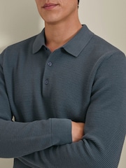Charles Tyrwhitt Blue Knit Texture Long Sleeve Cotton Polo Shirt - Image 2 of 5