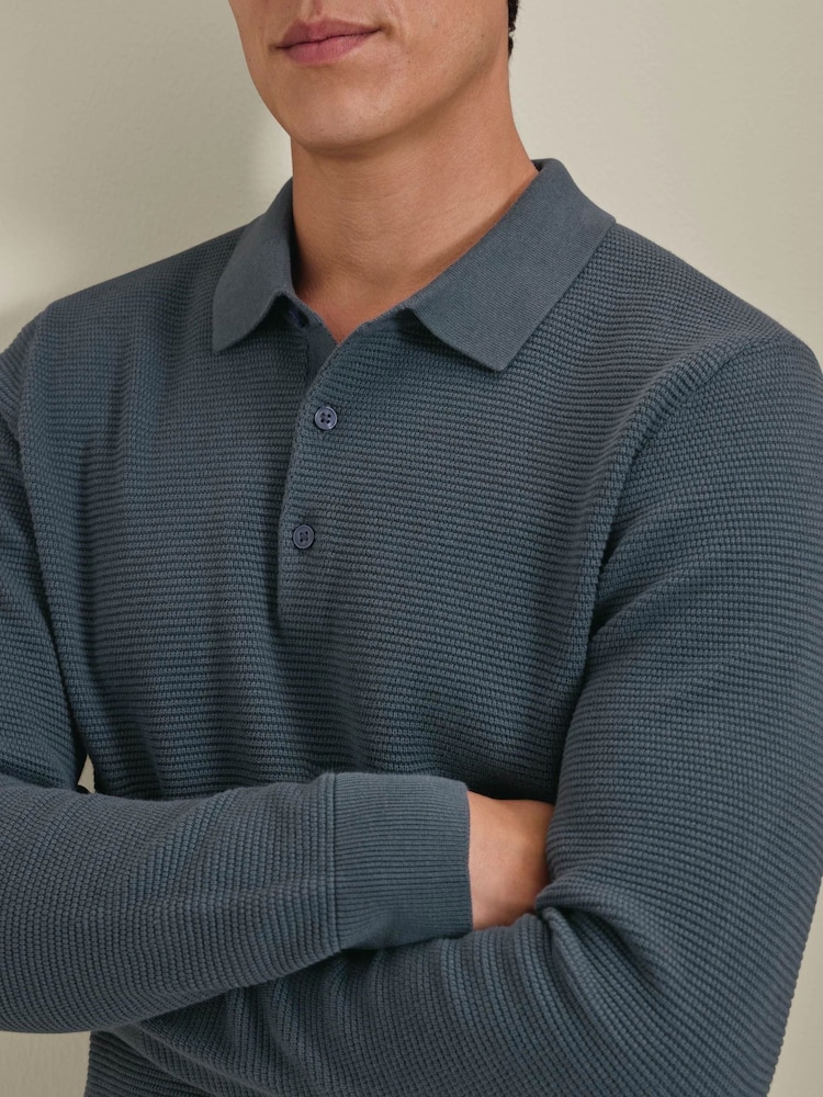 Charles Tyrwhitt Blue Knit Texture Long Sleeve Cotton Polo Shirt - Image 2 of 5