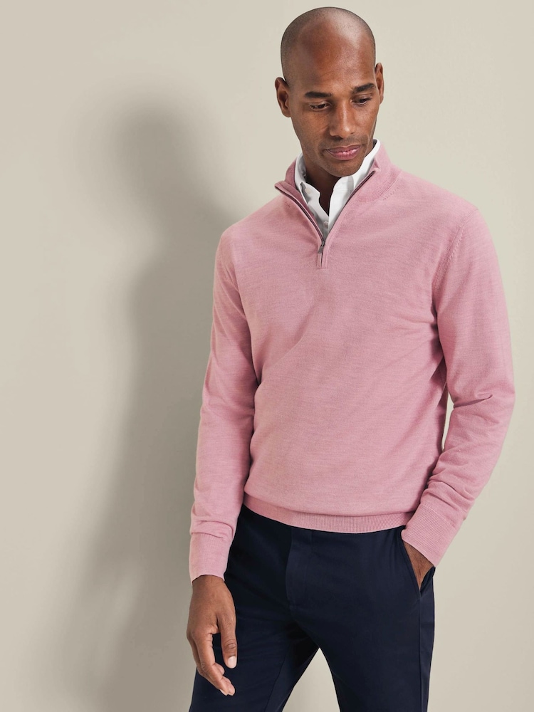 Charles Tyrwhitt Pink Pure Merino Quarter Zip Jumper - Image 1 of 5 Charles Tyrwhitt Pink Pure Merino Quarter Zip Jumper - Image 1 of 5