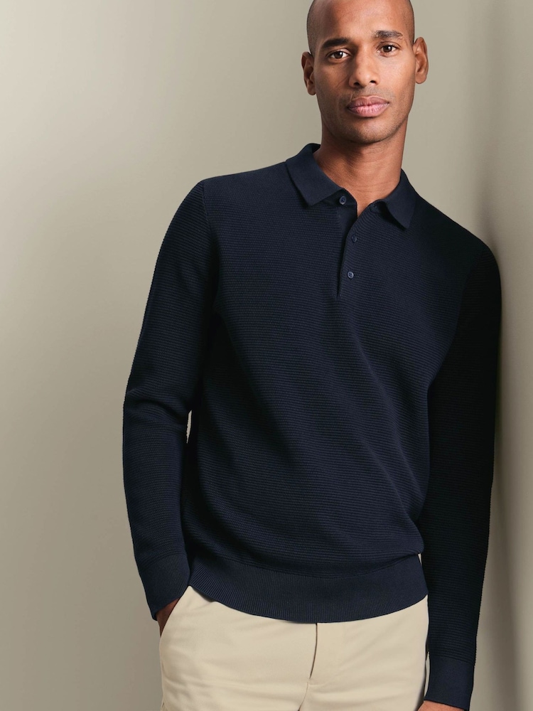 Granatowy - Bawełniana koszulka polo Charles Tyrwhitt z teksturowanej dzianiny z długim rękawem - Obraz 1 z 5 Granatowy - Bawełniana koszulka polo Charles Tyrwhitt z teksturowanej dzianiny z długim rękawem - Obraz 1 z 5