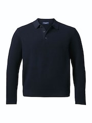 Granatowy - Bawełniana koszulka polo Charles Tyrwhitt z teksturowanej dzianiny z długim rękawem - Obraz 3 z 5