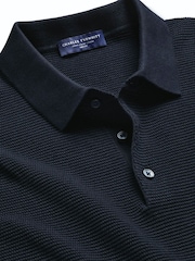 Granatowy - Bawełniana koszulka polo Charles Tyrwhitt z teksturowanej dzianiny z długim rękawem - Obraz 4 z 5