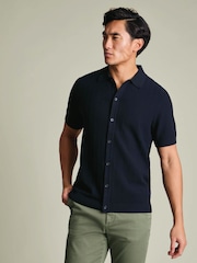 Charles Tyrwhitt Navy Blue Stripe Texture Button Through Short Sleeve Knitted Cotton Polo Shirt - Image 1 of 5