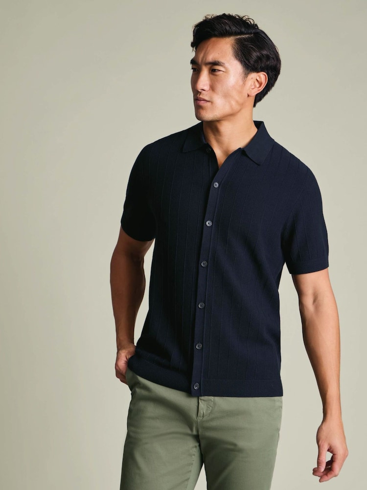 Charles Tyrwhitt Navy Blue Stripe Texture Button Through Short Sleeve Knitted Cotton Polo Shirt - Image 1 of 5 Charles Tyrwhitt Navy Blue Stripe Texture Button Through Short Sleeve Knitted Cotton Polo Shirt - Image 1 of 5