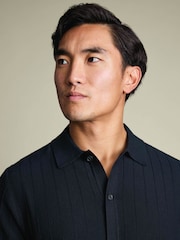 Charles Tyrwhitt Navy Blue Stripe Texture Button Through Short Sleeve Knitted Cotton Polo Shirt - Image 2 of 5