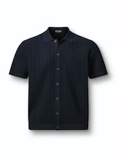 Charles Tyrwhitt Navy Blue Stripe Texture Button Through Short Sleeve Knitted Cotton Polo Shirt - Image 3 of 5