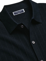Charles Tyrwhitt Navy Blue Stripe Texture Button Through Short Sleeve Knitted Cotton Polo Shirt - Image 4 of 5