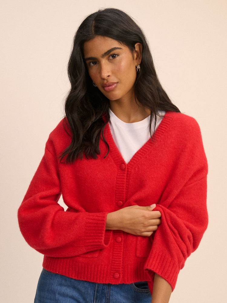 Nobodys Child Red V-Neck Pocket Cardigan - Image 1 of 5 Nobodys Child Red V-Neck Pocket Cardigan - Image 1 of 5