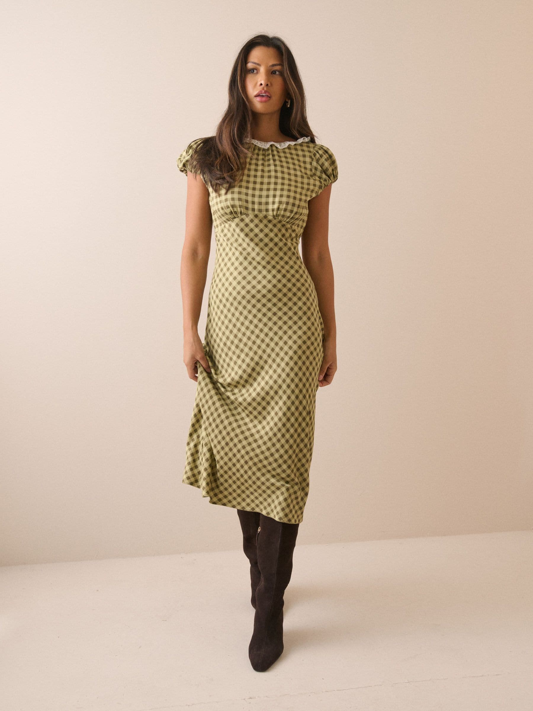 Nobody's Child Women's Green Gingham Puff Sleeve Marianna Midi Dress Size 6 - Image 2