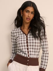 Nobodys Child White V-Neck Check Jacquard Cardigan - Image 1 of 5