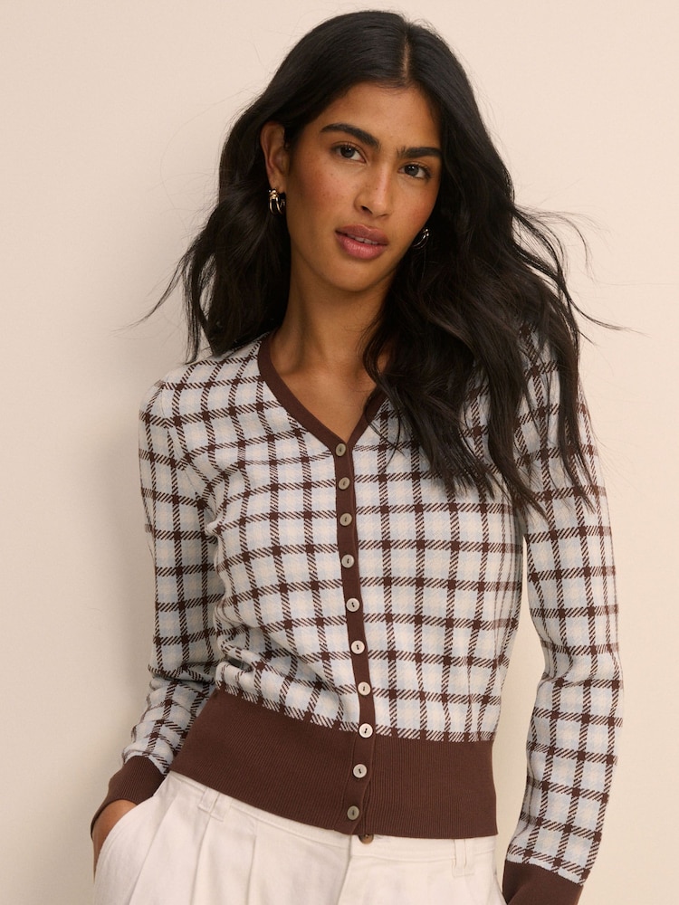 Nobodys Child White V-Neck Check Jacquard Cardigan - Image 1 of 5