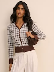 Nobodys Child White V-Neck Check Jacquard Cardigan - Image 3 of 5