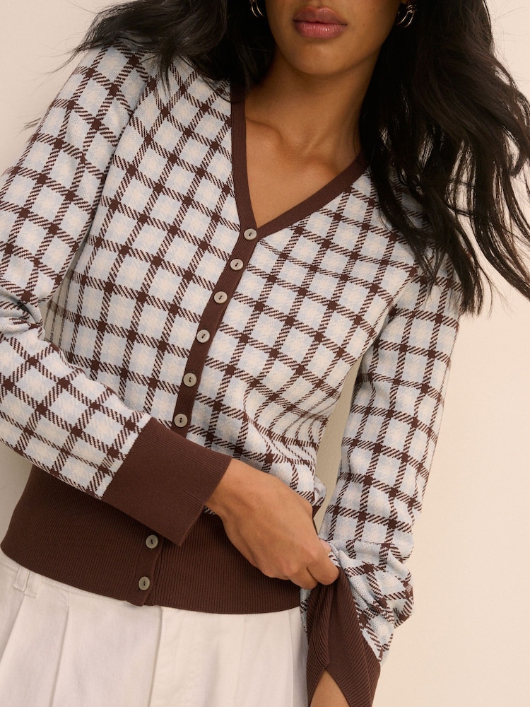 Nobodys Child White V-Neck Check Jacquard Cardigan - Image 5 of 5