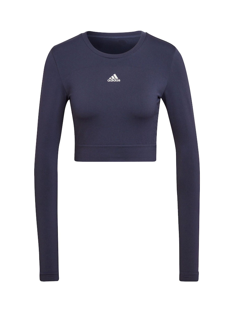 Темно-синий бесшовный кроп-топ с длинными рукавами adidas D2M - Image 5 of 5