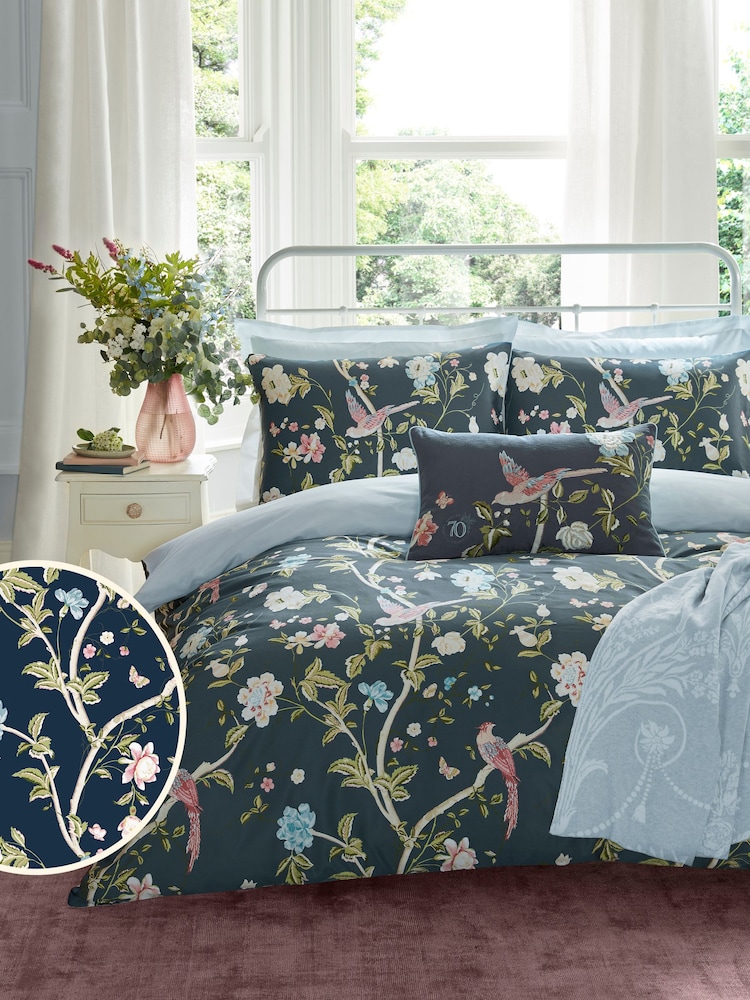 Laura Ashley Midnight Blue Summer Palace 100% Cotton Duvet Cover and Pillowcase Set - Image 1 of 1 Laura Ashley Midnight Blue Summer Palace 100% Cotton Duvet Cover and Pillowcase Set - Image 1 of 1